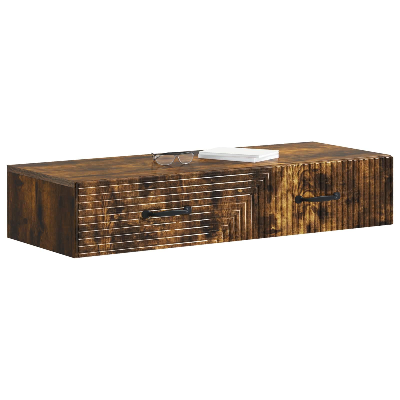 Stolik ścienny dębowy dymu 87,5 x 34,5 x 17 cm | Drewno, 1 szuflada, montaż na ścianie, wszechstronne zastosowanie do salonu, sypialni, przedpokoju