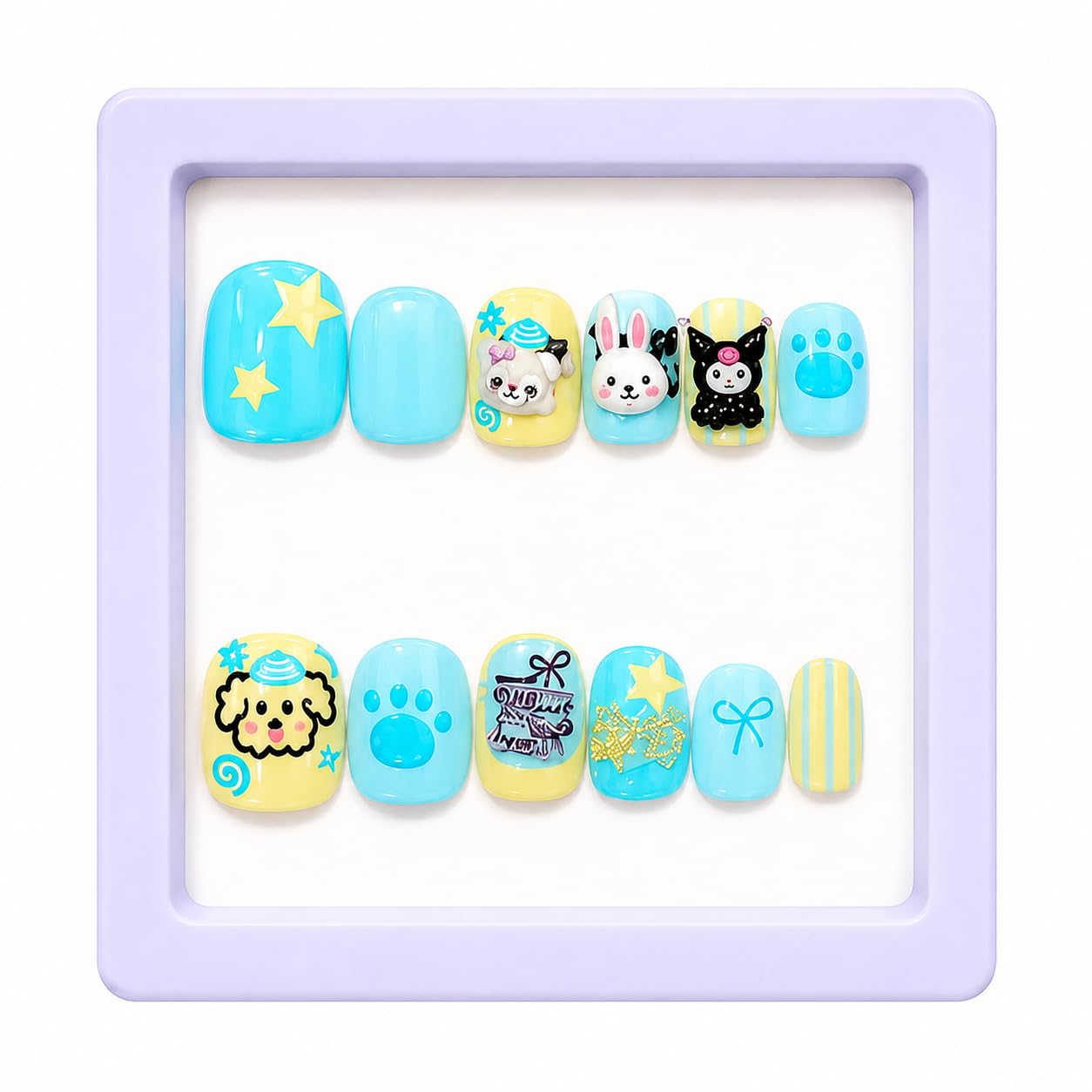 Kids Press On Nails | 12 Pcs 3D Cartoon Fake Nails for Girls | Reusable Handmade Nail Art with Adhesive Tabs | Cute Stick On Nails | Party & Birthday Gift