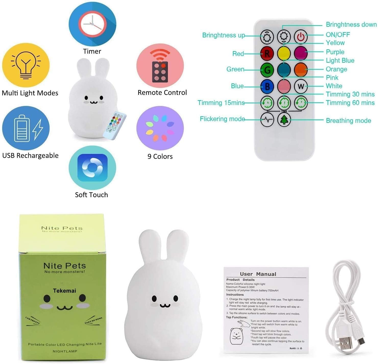 Veilleuse Enfant, lampe de chevet en silicone doux portable multicolore avec contrôle du robinet, éclairage led rechargeable USB cadeau de chambre à coucher/enfant - Lapin
