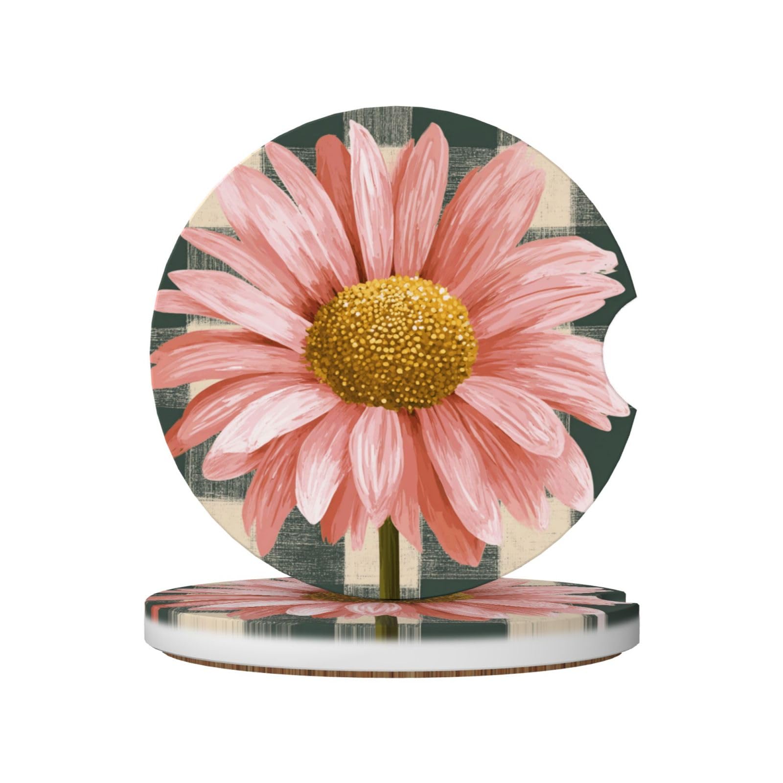 Pink Daisy On Dark Green and Cream Checkered Ceramic Coasters,2pcs