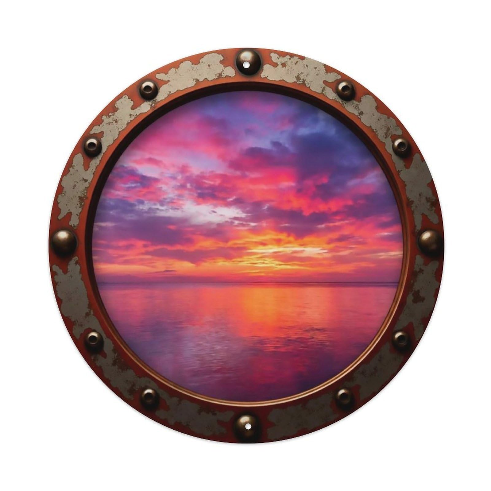 Vintage Porthole Magenta Sunset Sky View Metal Tin Sign