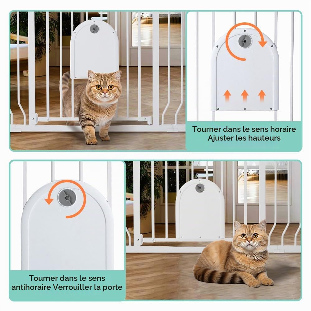 COMOMY Barriere de Securite Chien avec Porte Ajustable pour Chat, 75-123cm Barriere de Securite Enfant Extra Wide pour Escaliers et Portes, Barrière à Fermeture Automatique, 76cm de Haut (Blanc)