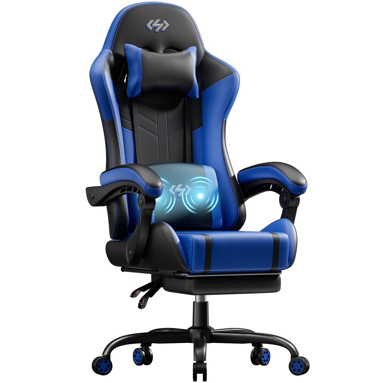 HLDIRECT Gaming Chair, Ergonomic Video Game Seat with 360° Swivel & Lumbar Massage, Computer Chair PU Leather Cushion for Adults Home/Office Use (Black & Blue)