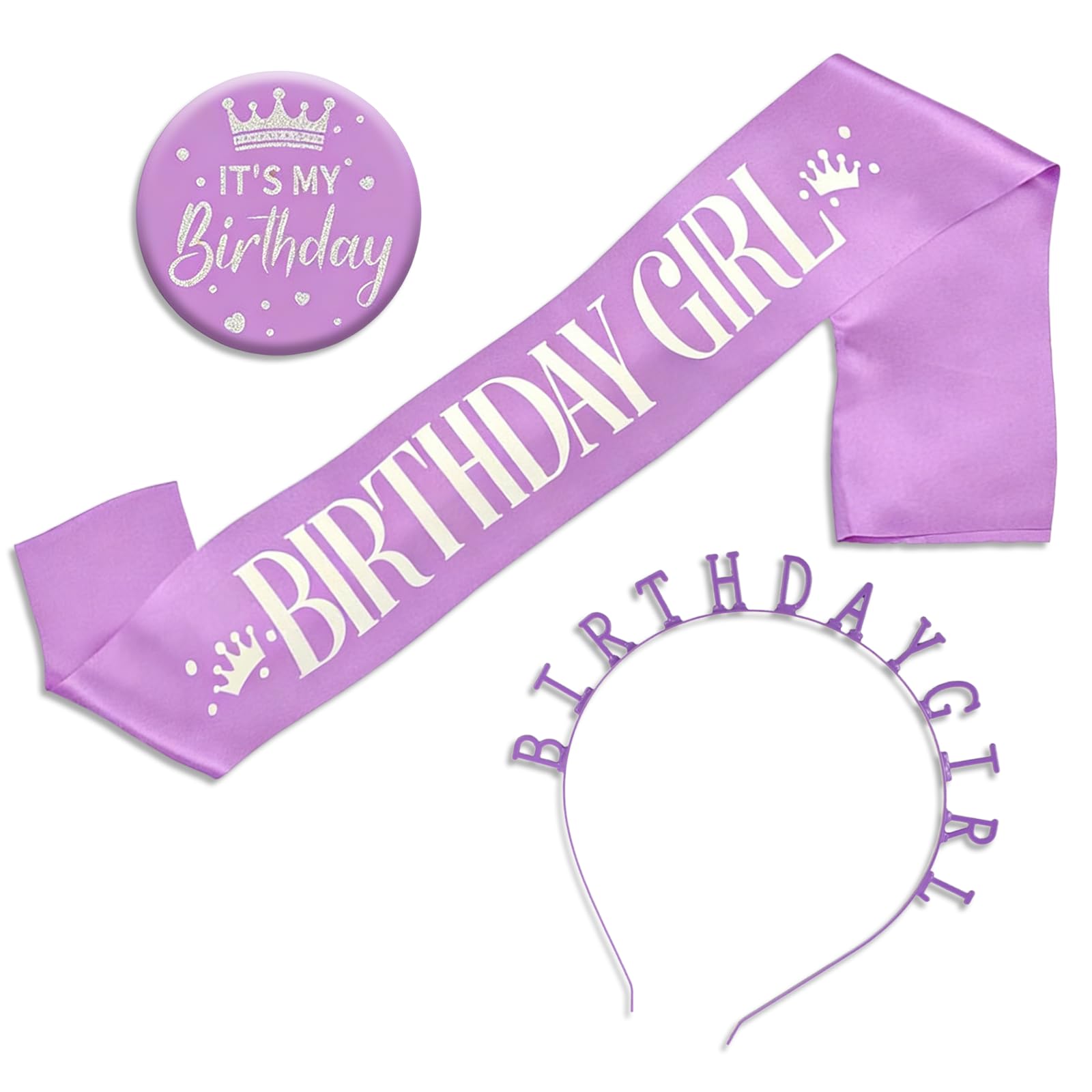 Lufdegim 3 Pcs Its My Birthday Badge Birthday Headband and Sash Princess Headband for Party Decoration (Purple) — image 1