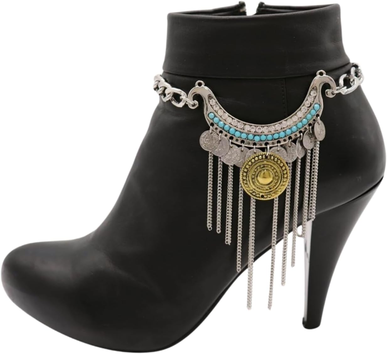 Women’s Boot Chain Anklets (Pair) – Adjustable 11–15 in, Silver Western Fringe With Coins & Turquoise Beads – Boot Bracelet Jewelry SET Made In USA BC23