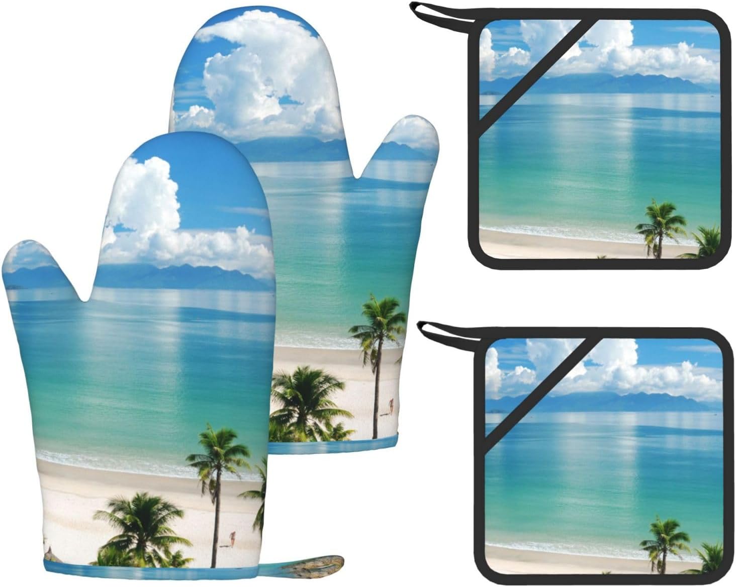 Beach and Palm Tree Oven Mitts and Pot Holders Set of 4 Heat Resistant Kitchen Gloves with Silicone Palm Hot Pads for Baking Cooking Grilling BBQ