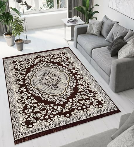 Image of Heavy Fabric Velvet Touch Bedroom, Hall, Living Room, Drowing Room, Yoga Hall Designer Velvet Rectangle Carpet |60 inch Inch X 84 inch Inch | 5 Feet X 7 Feet I 150 Cm X 210 Cm (Brown)