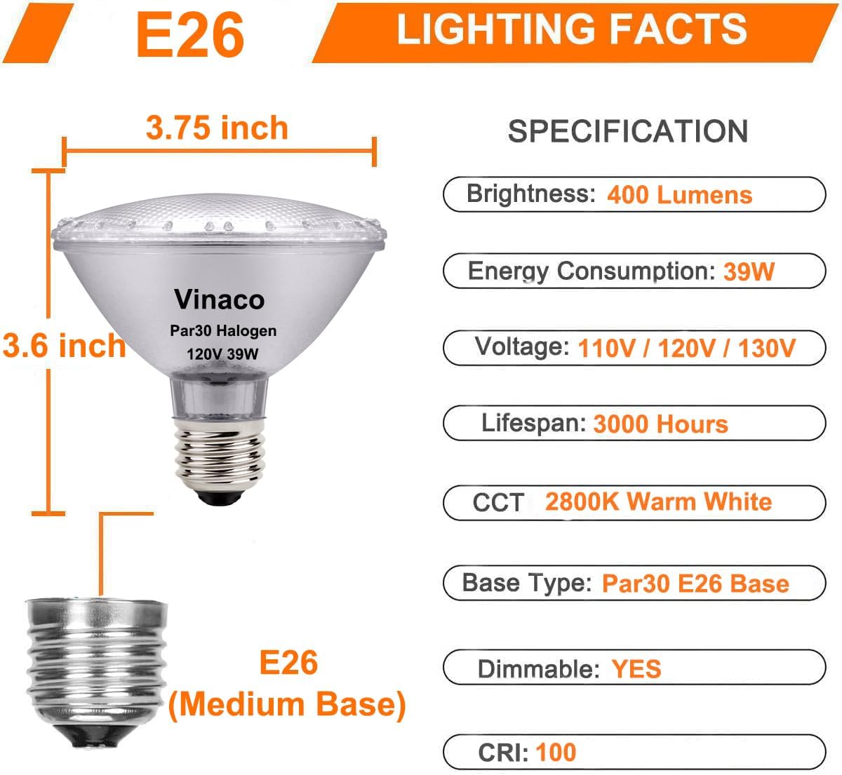 Vinaco PAR30 Short Neck 39W, 6 Pack High Output PAR30 Halogen Flood Light Warm White 2800K, PAR 30 Dimmable, Long Lasting par30 Flood Light Bulb 120V with E26 Base for Indoor/Outdoor