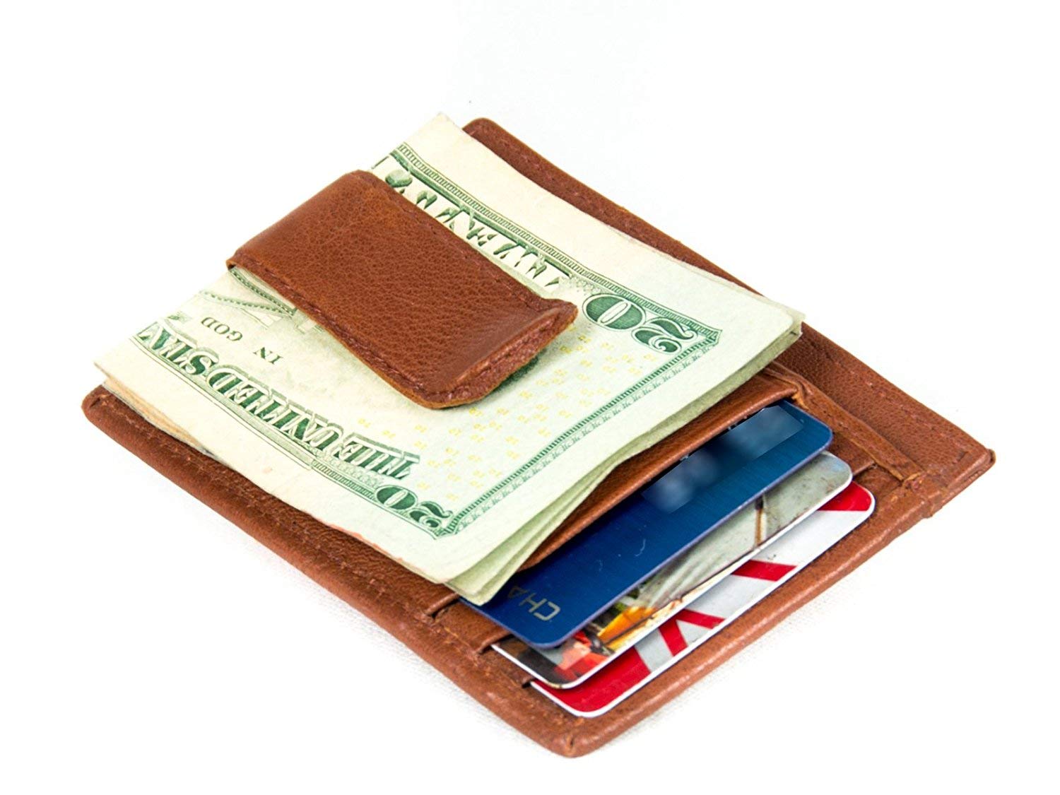 Goson Leather Money Clip Credit Card Holder - Leather Wrap Spring Clip Mini Wallet Credit Card ID Holder Brown