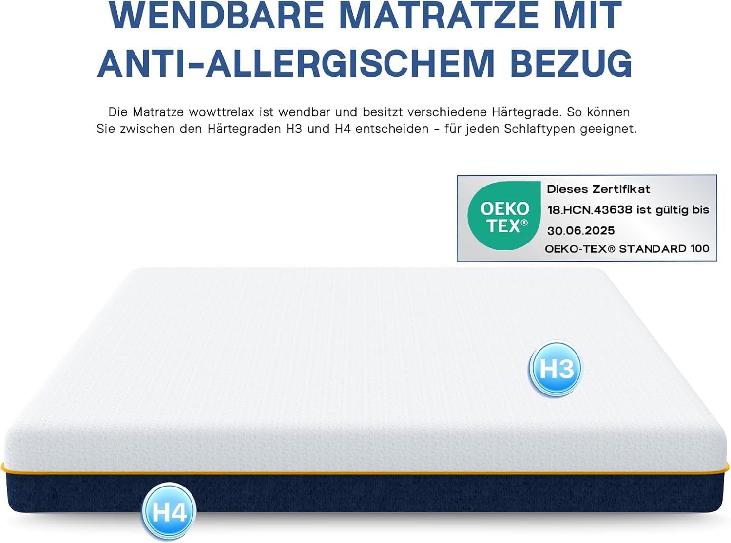 wowttrelax Matratze 140x200cm, 20 cm Höhe, Wendematratze H3/H4 | 7 Zonen Kaltschaumkern, Punktelastisch, Atmungsaktiv, Doppelseitige