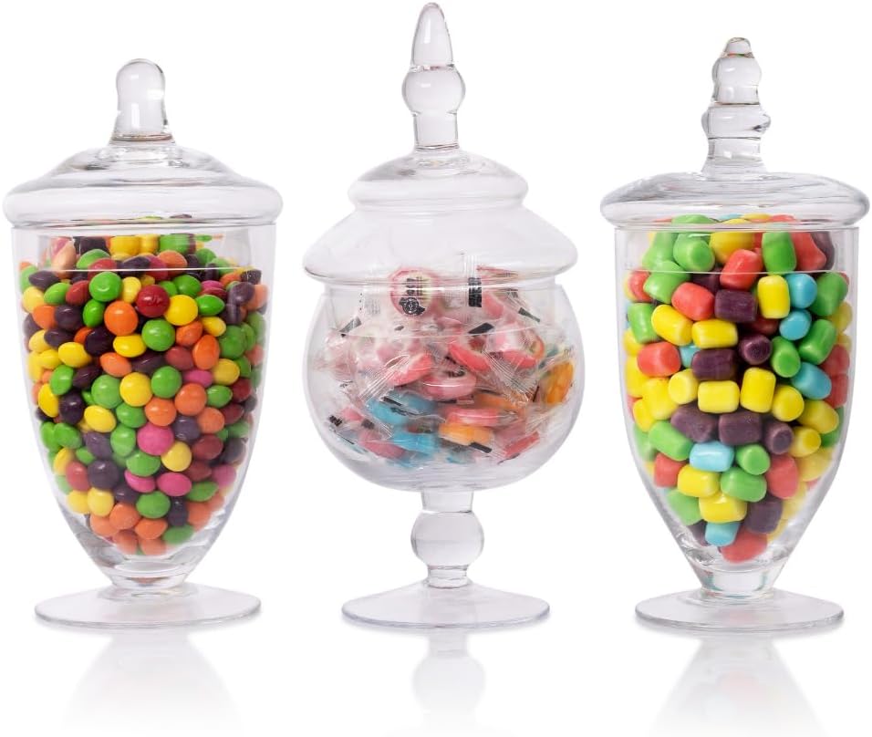 Mantello Candy Jar Apothecary Jars with Lids- for Candies Cookies Or Toiletries Size Assortment, 20 oz., 24 oz. and 28 oz.