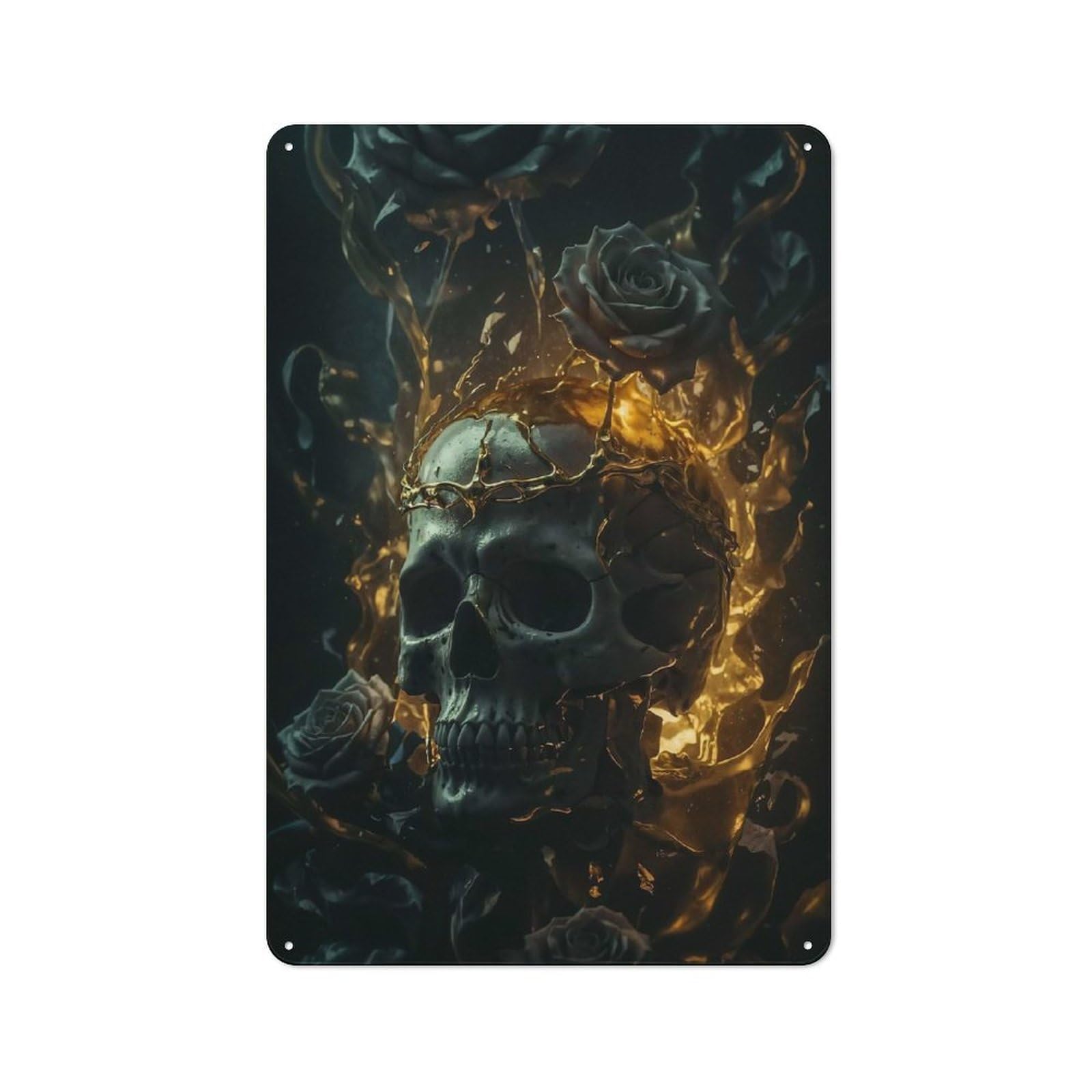 Junmoney Skull With Black And Gold Vintage Tin Sign 30X20cm For Garden Room Or Summerhouse, A Housewarming Gift For Outdoor-Room Decor Collectors