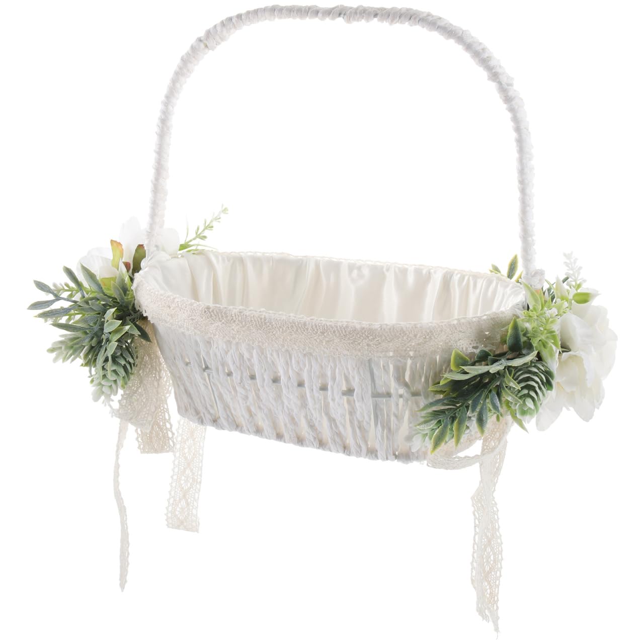 Operitacx Hochzeitskorb für Blumenmädchen, elfenbeinfarben mit handgewebtem Aufbewahrungskorb mit Griff, künstliche Rose, dekorativ für Zeremonie und Partyzubehör, romantisches
