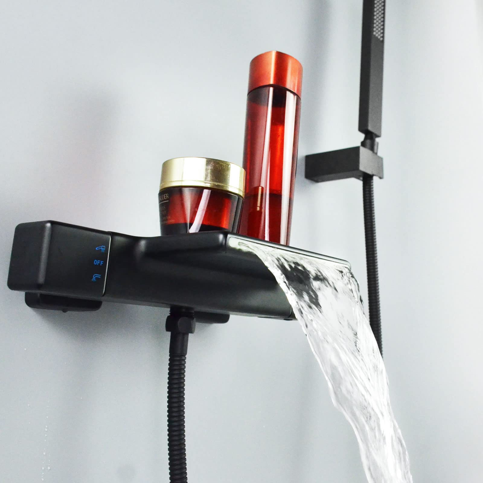 Thermostat Wasserfall Badewannenarmatur Schwarz Wandmontage Wannenarmatur Mit Handbrause Wannenbatterie,Armatur für Badezimmer Bad,Messing 4Y3OK