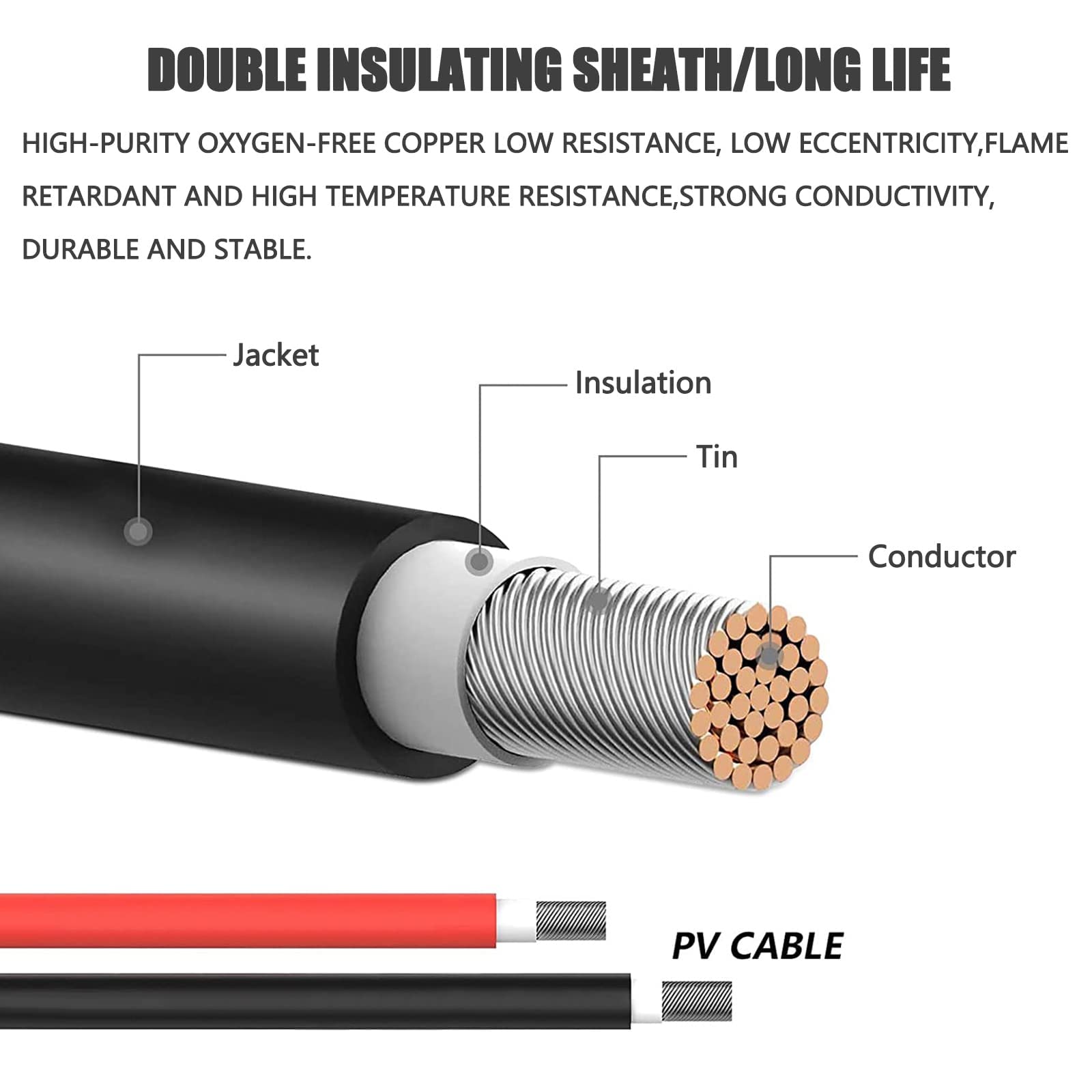 Kabel solarny przedłużacz 2 m, 12 AWG/4 mm², przedłużacz solarny, 1500 V, fotowoltaiczny kabel solarny IP67, wodoszczelny czarny/czerwony (14 AWG -10 m)