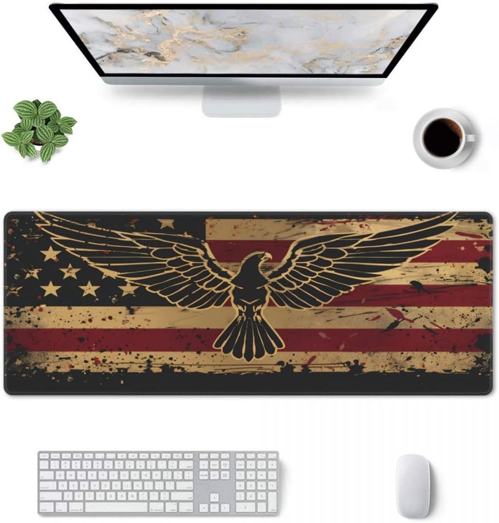 CANFLASHION Desk Pad,Office Desk Mat 31.5"×11.8" Large Gaming Mouse Pad,Durable Extended Computer Mouse Pad,Waterproof Thick Big Mouse Pads with Non-Slip Rubber Base Office Home American Flag Eagle