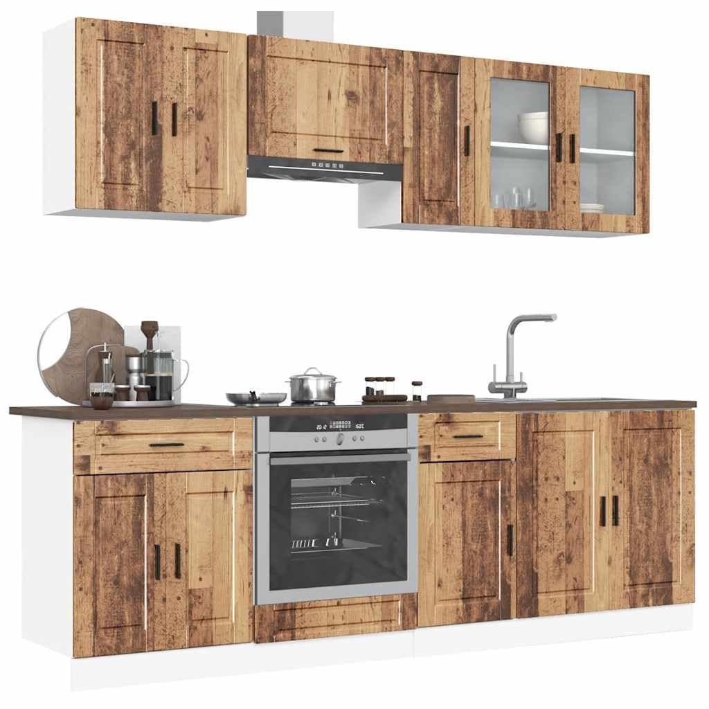 Set di 8 mobili da cucina Kalmar effetto legno anticato, mobili da cucina moderni in legno modulare, set di mobili da cucina con pensili e pensili per riporre oggetti in cucina