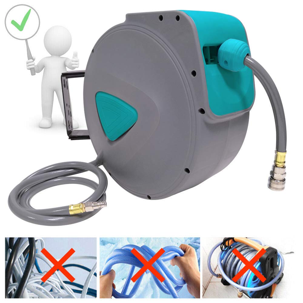 Aufun Bobine de tuyau à air comprimé de 20 m avec PVC - Enrouleur automatique de tuyau à air comprimé de 1/4", pivotant à 180°, boîte de tuyau murale avec support mural, tambour de tuyau à air