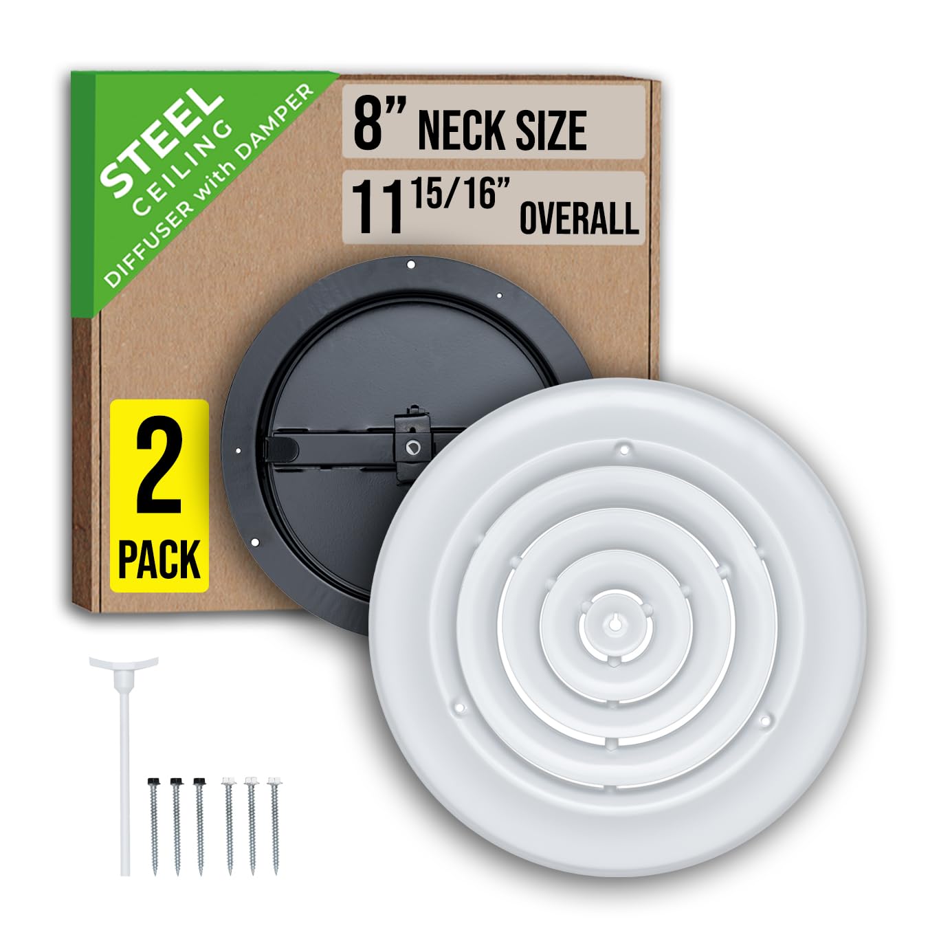 Photo 1 of [2 Pack] Fits 8 Inch Neck Air Duct | Steel Round Air Supply Diffuser for Ceiling by Handua | 8" Neck Steel Butterfly Damper Included | Round Diffuser Vent Cover | White | Outer Dimension: 11-15/16"