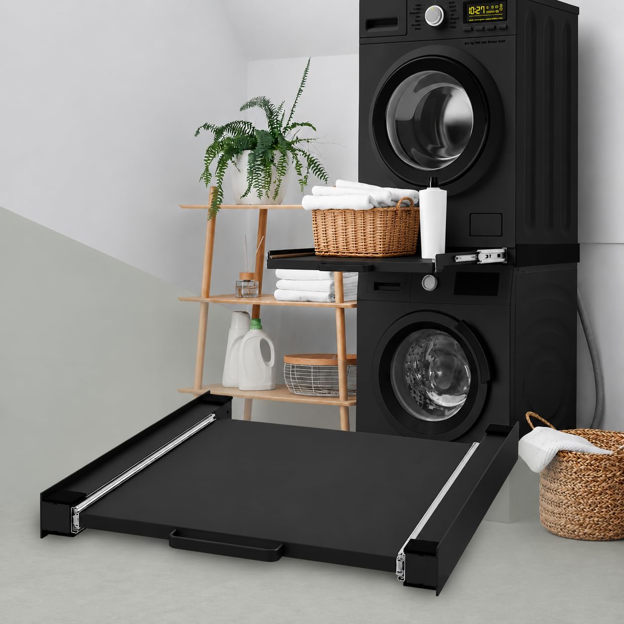Easy Act Zwischenbaurahmen mit Ausziehplatte 60x60 cm, Waschmaschinen Trockner Verbindungsrahmen aus Stahl, Universal Zwischenbausatz mit Ablage bis 150 kg, Schwarz