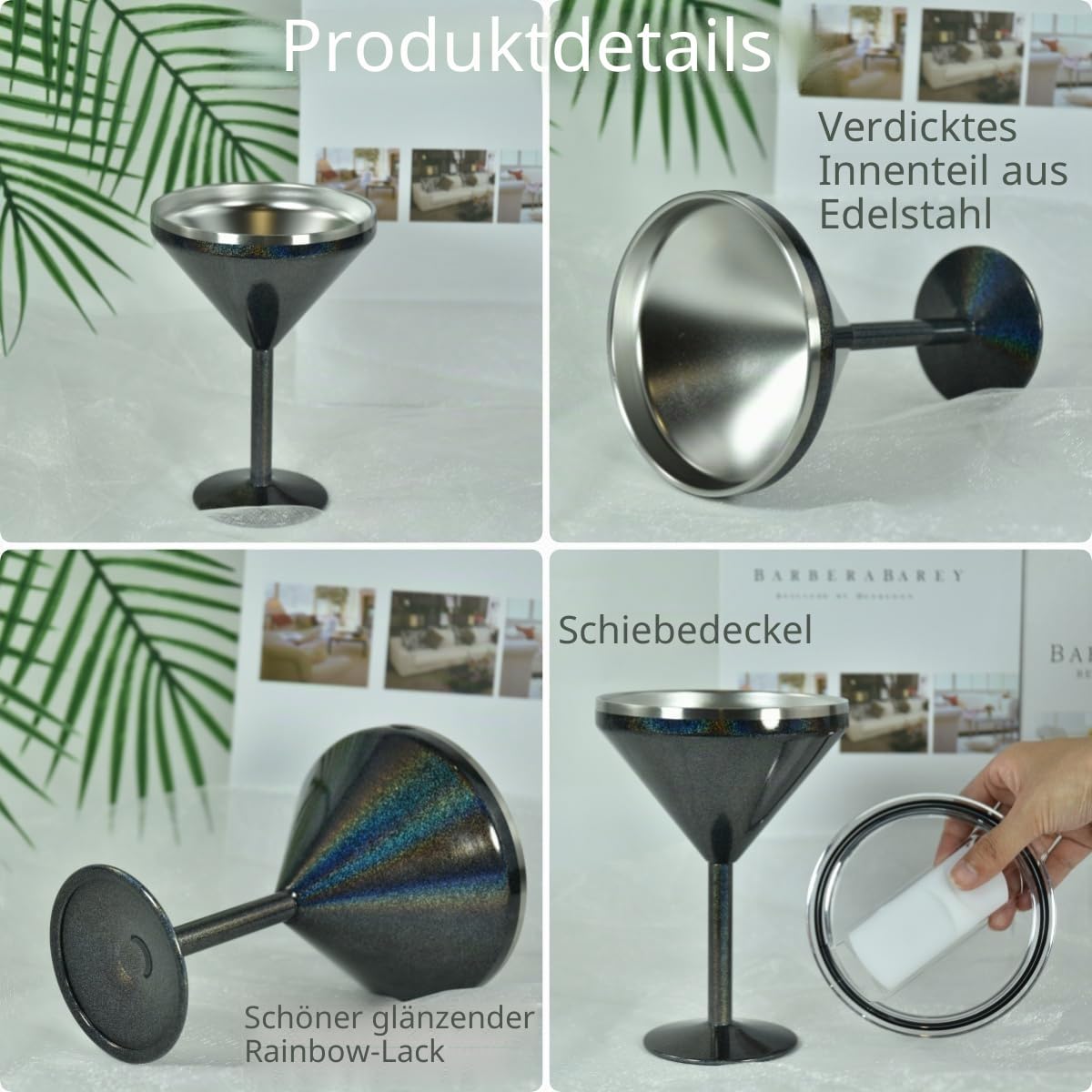 AGH Martini-Becher aus Edelstahl mit Deckel, 284 ml, isolierter Margarita-Becher, doppelwandig, Vakuum-Cocktailbecher, Weingläser für Party, Urlaub, Pool, Strand und Terrasse, 2 Stück (Glitzerfarbe