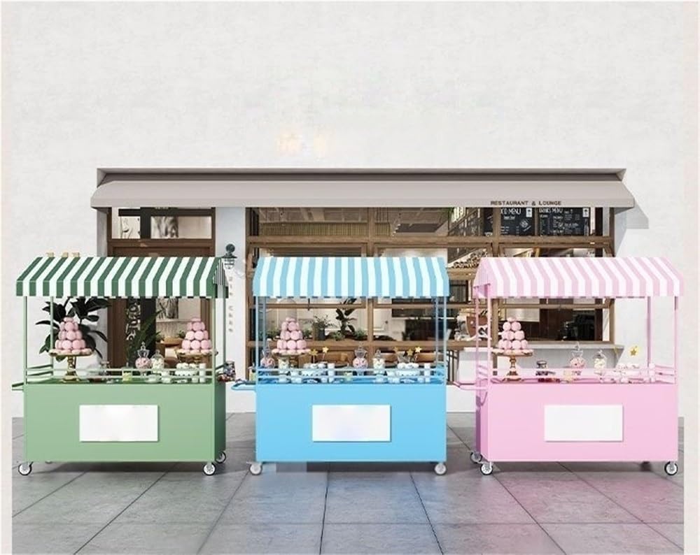 Mobile Display Stand with Storage Drawers, Portable Food Cart with Striped Canopy, Lightweight Farmers Market Stalls for Street Food, Farmers Markets, Outdoor Events(Orange,47.2x78.7in)