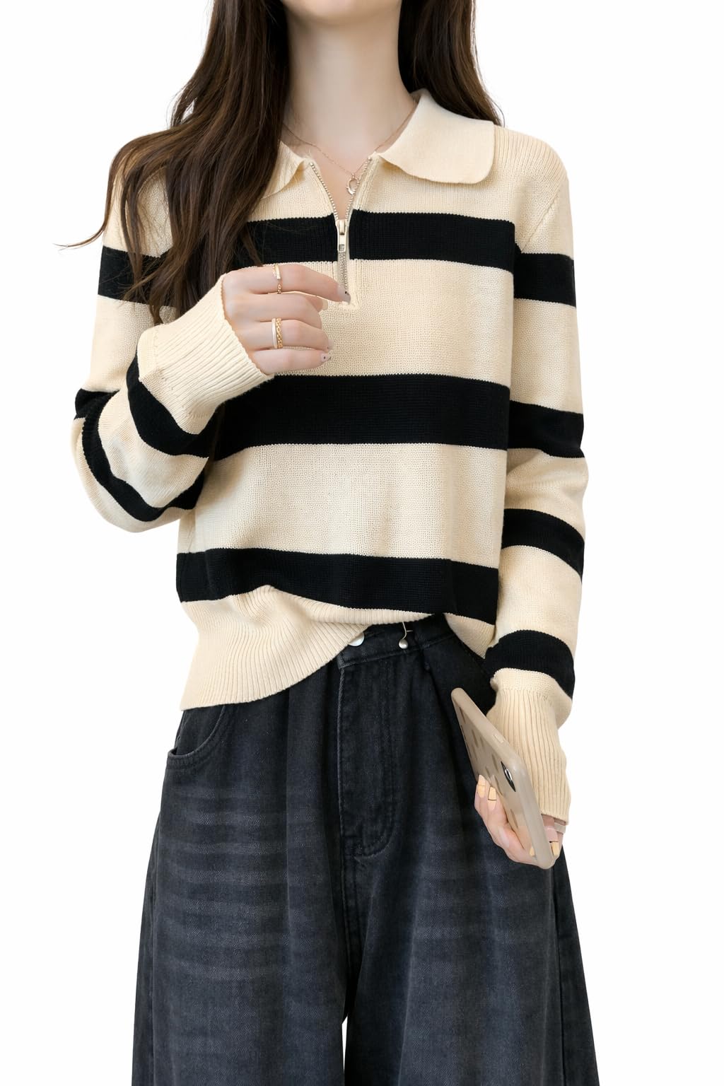 icw Women’s Striped Zip-Up Collar Knit Top Long Sleeve Ribbed Pullover Sweater Casual Loose Fit Winter Top for Women DN8332-picture-35