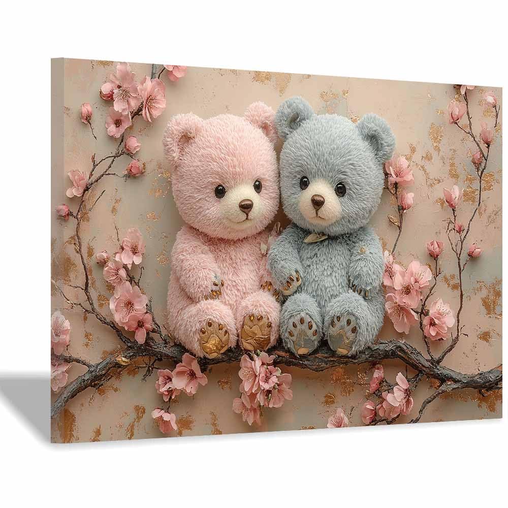 WQBQKKX Rosa-Grauer Teddybär-Leinwandbild, Blumen-Spielzeug-Print, Süß Kawaii für Kinderzimmer Schlafzimmer(Y)-50x70cm Gerahmt