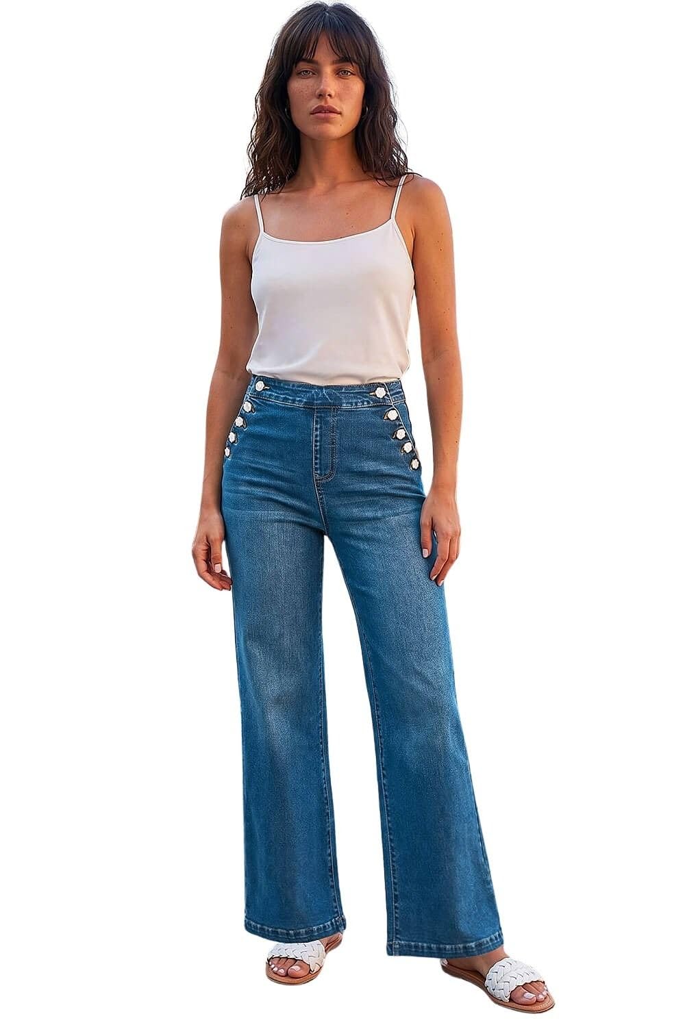 Roman Originals Wide Leg Jeans for Women UK Ladies Denim Trousers Palazzo Pants Jeggings Stretchy Cotton Summer Winter Smart Office Work Party Flattering Bottoms - Deep Blue - Size 18