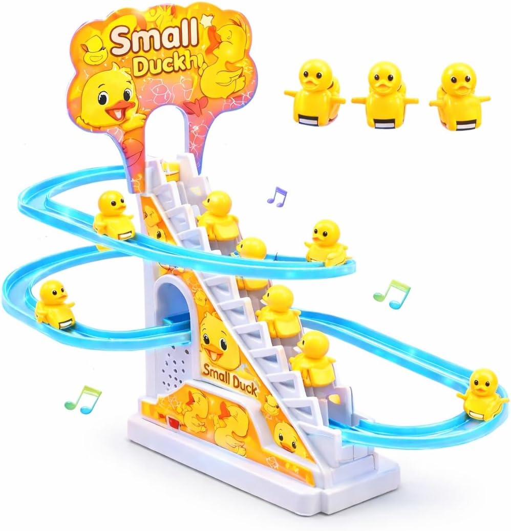 TEC TAVAKKAL Duck Slide Toy Set, Funny Automatic Stair-Climbing Ducklings Cartoon Race Track Set Duck Roller Coaster Escalator Toy with Flashing Lights & Music (Duck Slide Track Set)