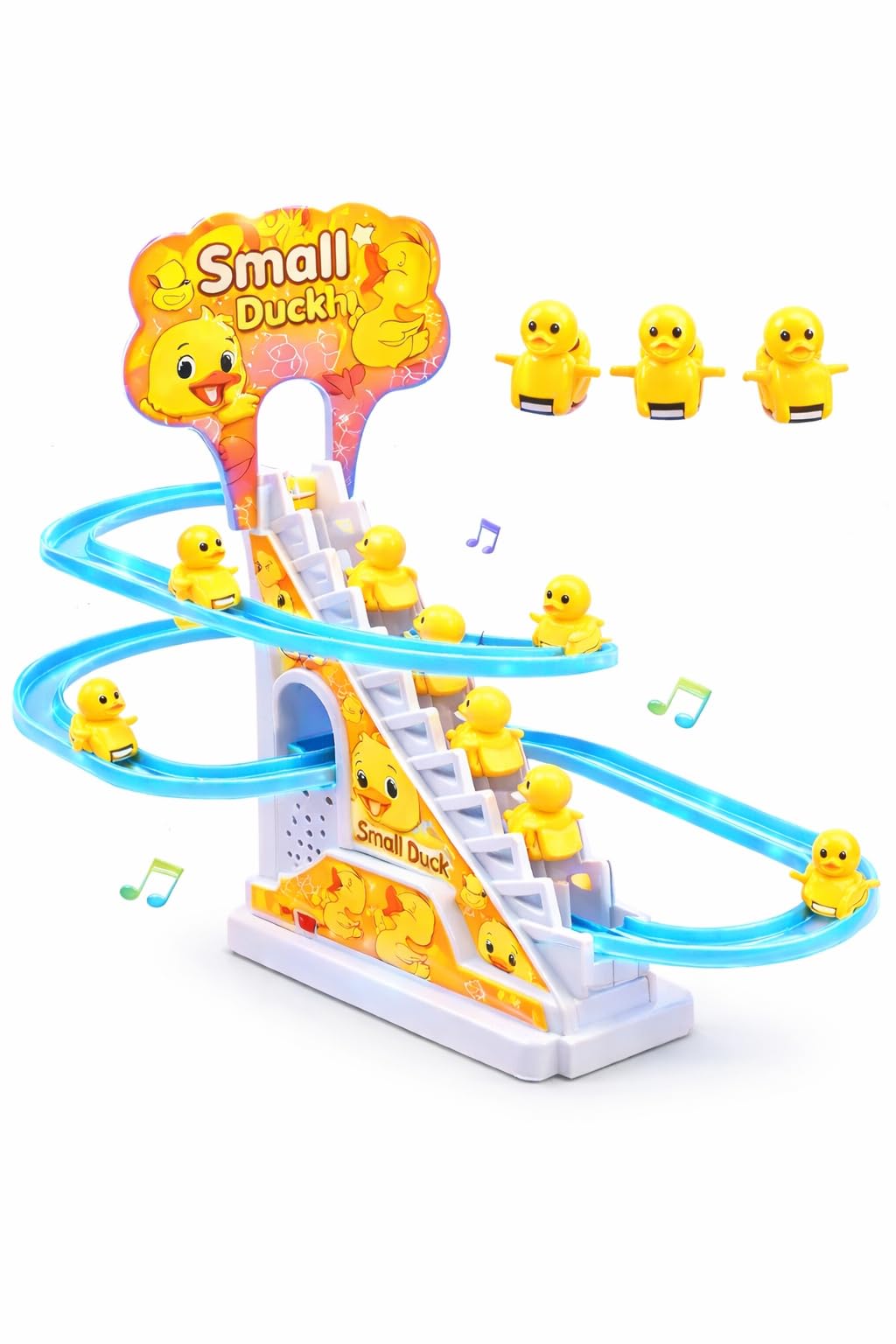 TEC TAVAKKAL Duck Slide Toy Set, Funny Automatic Stair-Climbing Ducklings Cartoon Race Track Set Little Lovely Duck Slide Toy Escalator Toy with Lights and Music (Duck Track Set)