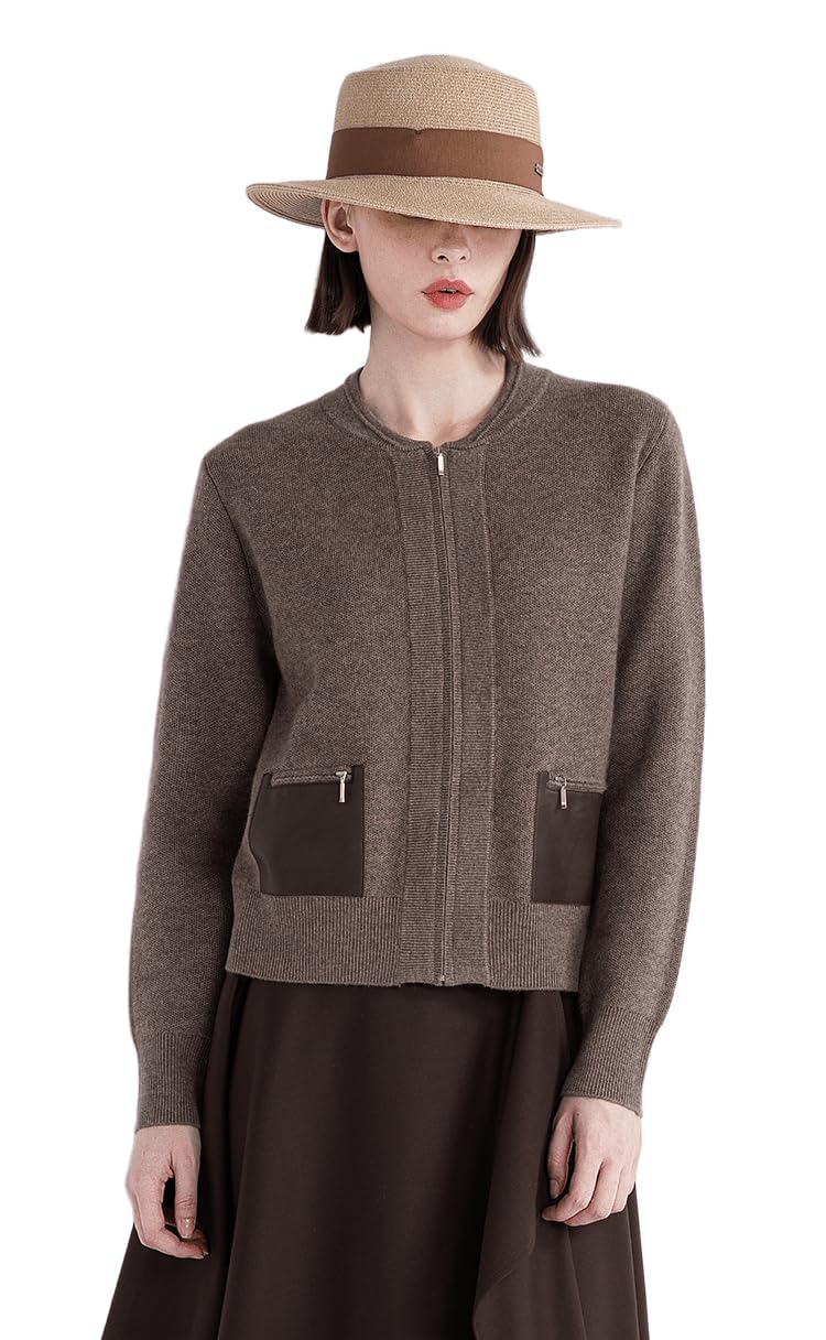 Luxury Wool-Cashmere Blend Knit Cardigan Women Minimalist Zip Sheepskin Leather Pocket Elegant Jacket TY852080