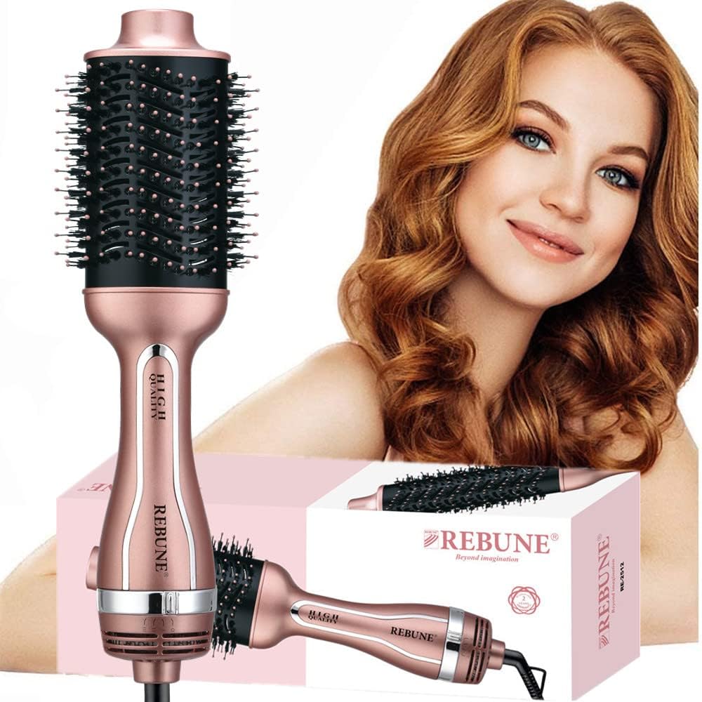 REBUNE 1200W Hot Air Styler One-Step 5 in 1 Hair Styler Hair Dryer & Styler Volumizer Straightener & Curler Fast Heating (30s) for All Hair Types (Rose gold)