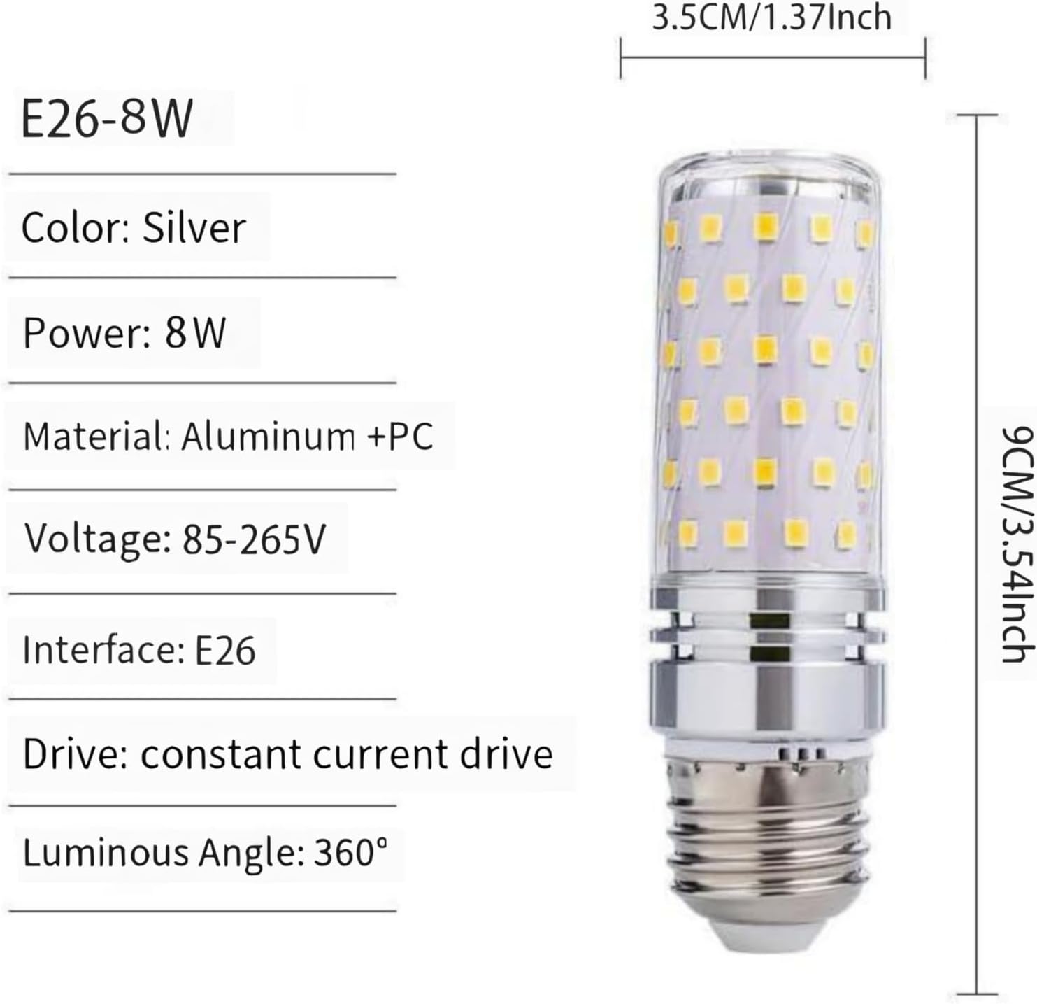 8W LED Corn Light Bulb - Equivalent 60W Incandescent, 800LM, E26 Base Warm White 3000K Non-Dimmable, 4-Pack