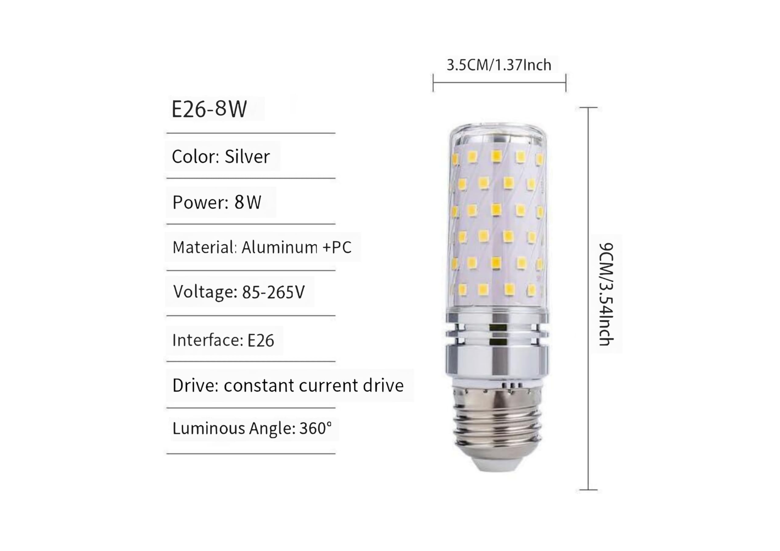 ANYPOWK 8 W LED Corn Bulb - Equivalent 60 W Incandescent 800 LM, E26 Base Daylight 6500 K Non-Dimmable, Pack of 4 - Image 2