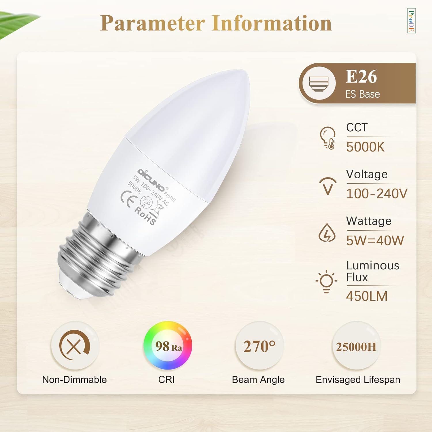 DiCUNO ProOE Eye-Protected E26 LED Bulb, High CRI 98, 5W E26 Candle Bulb, Daylight White 5000K, C37 40W Halogen Equivalent Decorative Light Replacement for Chandelier, Non-dimmable, 6 Pack