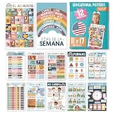 Hadley Designs Spanish Posters for Classroom - 12 Bilingual Educational Posters for Spanish Classroom Decorations Must Haves, Calendario y Alfabeto en Español Para la Pared, Boho Teacher Supplies