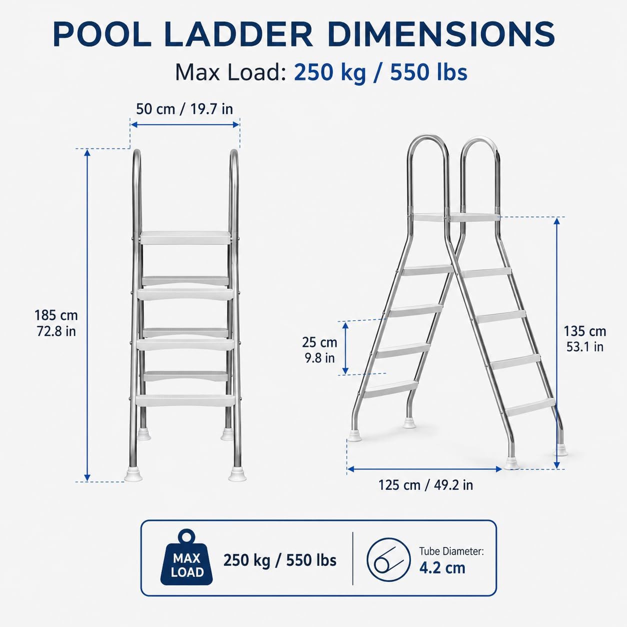 Escabeau de piscine hors-sol 4 marches 250 kg inox 304