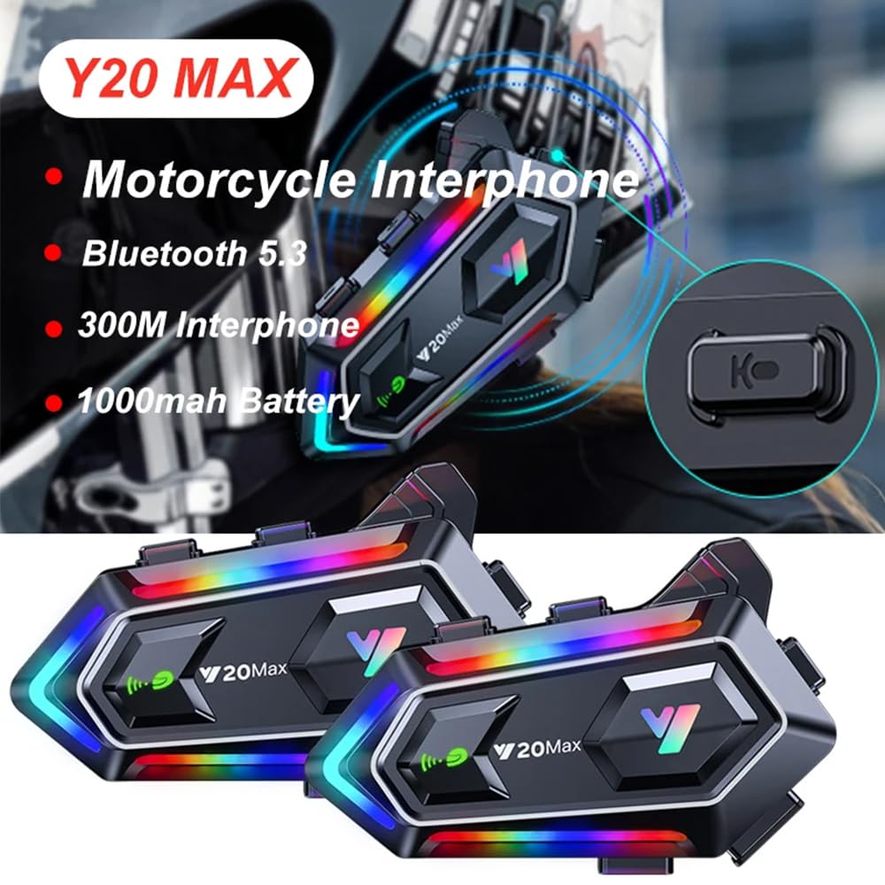 Interfono Bluetooth per casco da moto Y20 MAX con interfono per 2 persone, riduzione del rumore, impermeabile IPX6