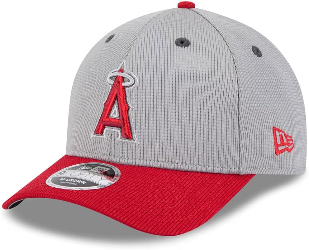 New Era LA Los Angeles Angels 9FORTY M-Crown 2025 Batting Practice Snapback Cap, Adjustable Hat Grey Red