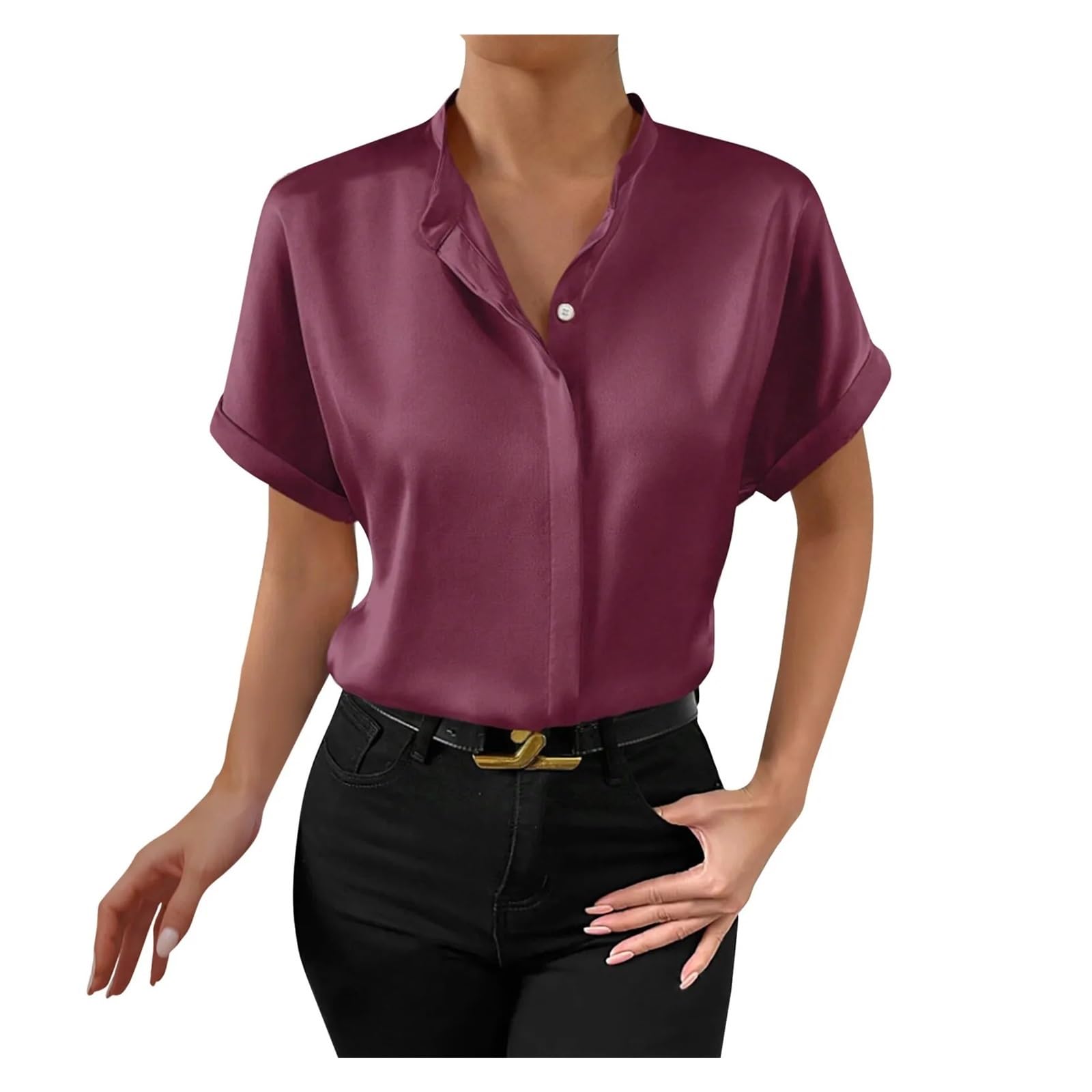 Copricostume Donna Camicia Da Donna Tinta Unita Elegante Scollo A V. Stand | Camicetta da donna for spostamenti formali a maniche corte