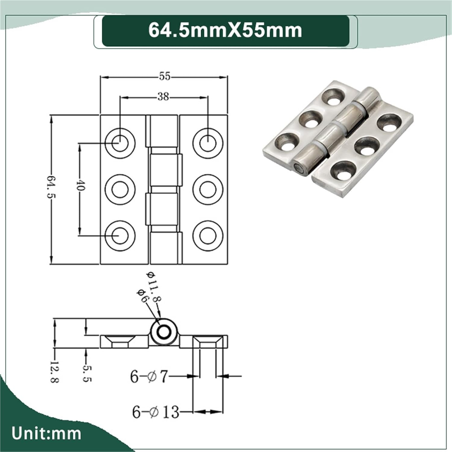Industrial Equipment Box Distribution Cabinet Door 304 Stainless Steel Flat Folding Hinge 1Pcs(64.5mmX55mm)