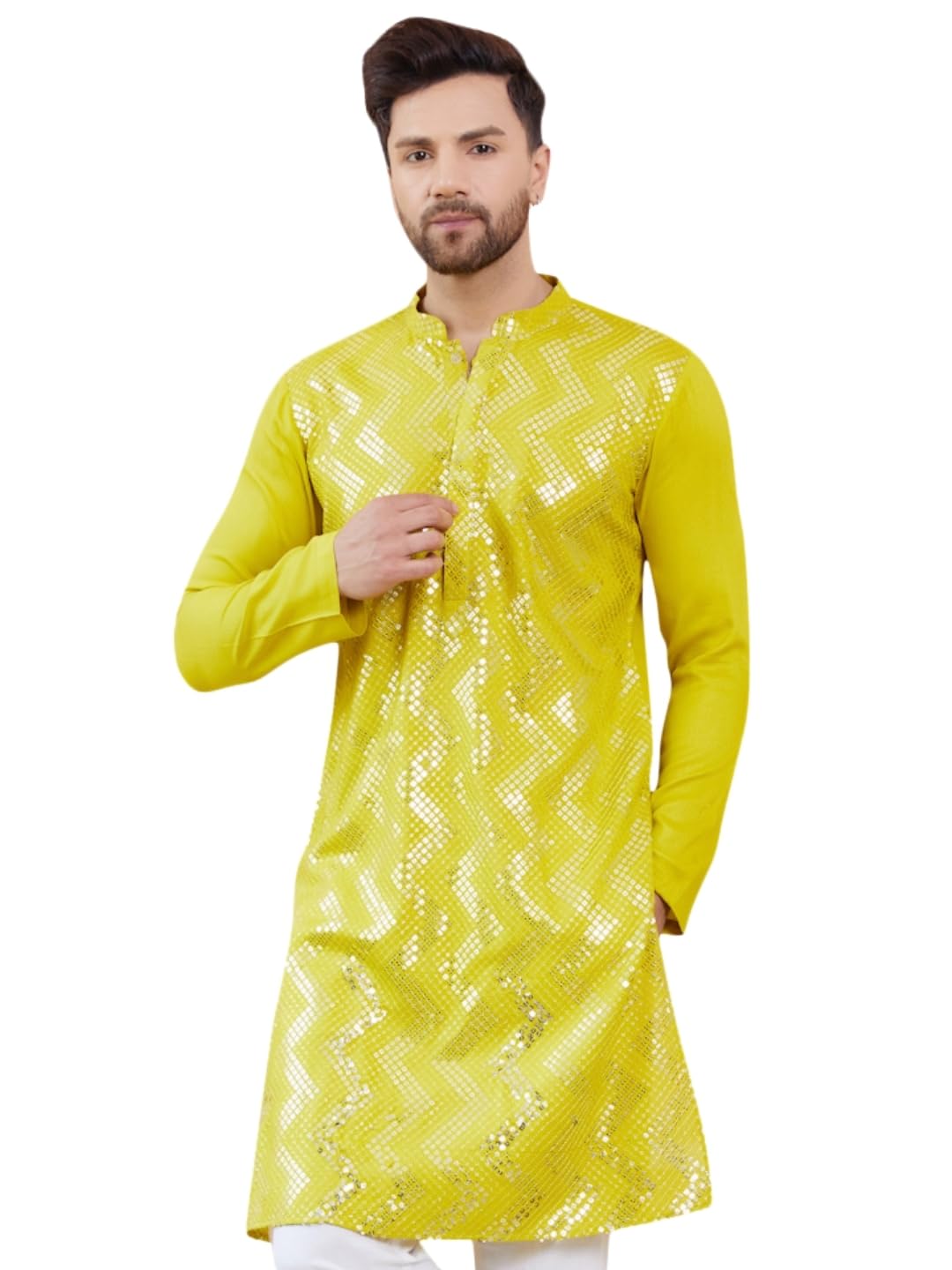 See Designs Men's Long Sleeve Regular Fit Rayon Embroidery Sequins Kurta