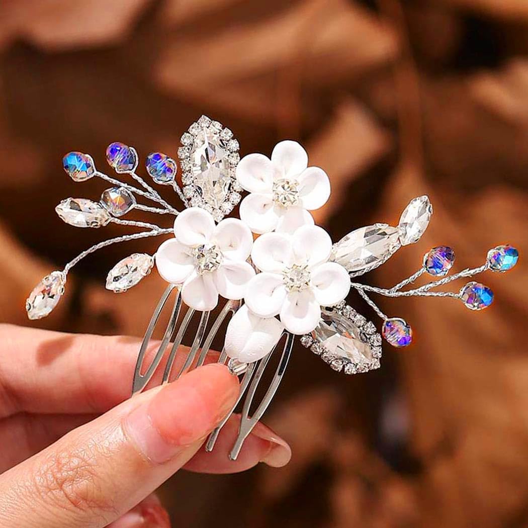 Catery Flower Bride Wedding Hair Comb Silver Small Side Comb Blue Crystal Hair Piece Jewelry Accessories for Women and Girls