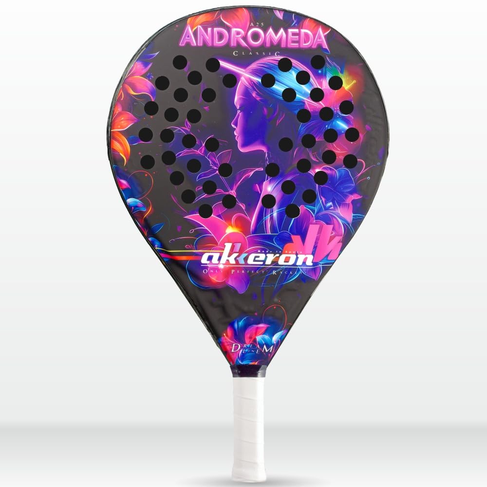 Akkeron - Pala de Padel - Modelo Andromeda A25 - Carbono 100% - Power Blast EVA - Forma Redonda - Barniz Gomoso - Control/Potencia - 345/370g