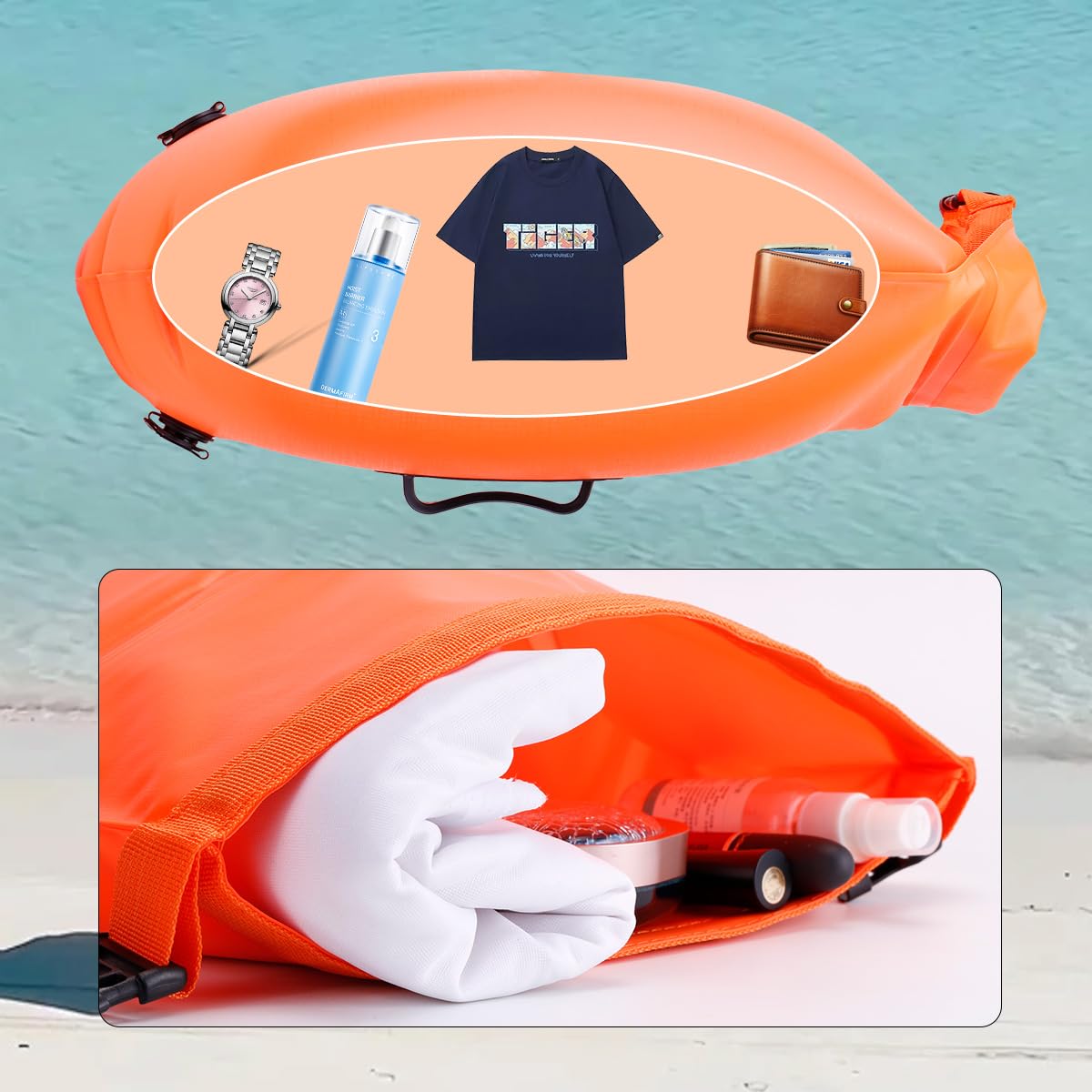 28L Schwimmboje Trockensack mit Doppelairbag, Aufblasbare Schleppschwimmer Boje für Erwachsene Freiwasser Open Water, Gut Sichtbar bis 900 Meter für Schwimmen, Triathlon, SUP, Schnorcheln