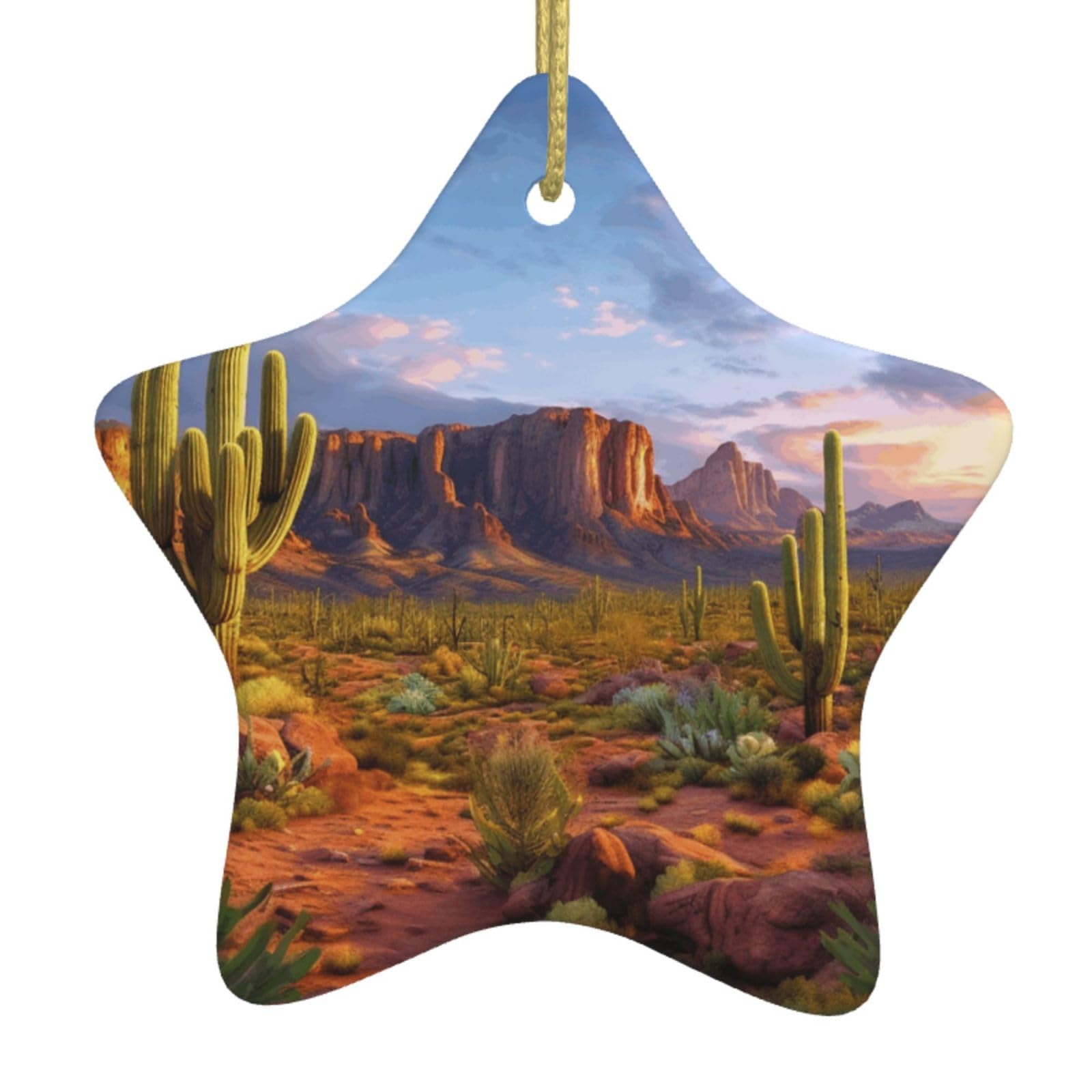 Ceramic Christmas Tree Hanging Ornaments with Gold Ropes Christmas Tree Decorations Star Ceramic Cactus Landscape Pendant Keepsake Decorations for Holiday Xmas Gift Ideas