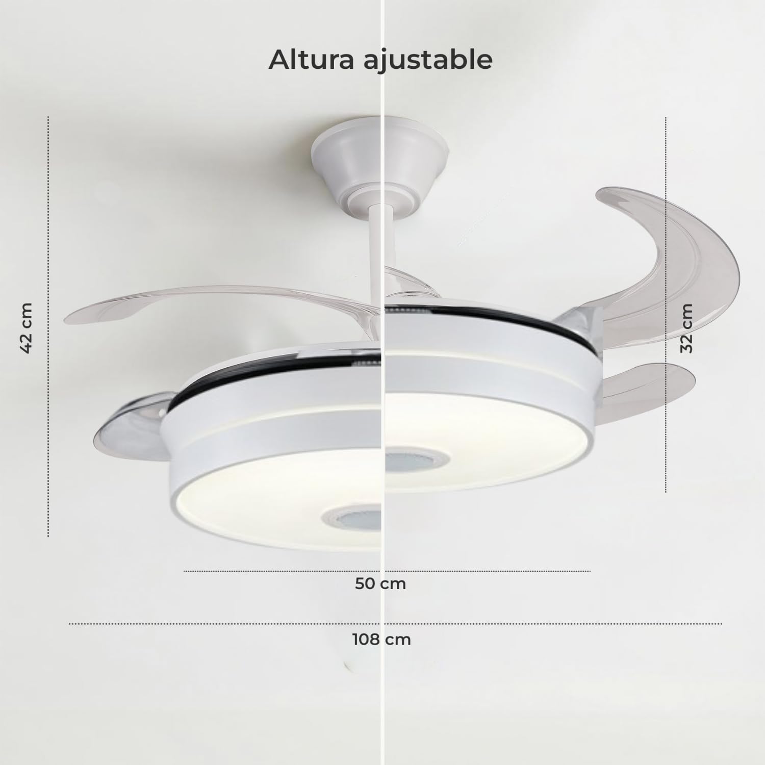 LUMIKING Ventilatore da Soffitto con Luce LED - Pale Retrattili, Musica e RGB - Silenzioso con Lampada Moderna, Telecomando, Bluetooth e APP per Soggiorno e Camera da Letto (108 cm)