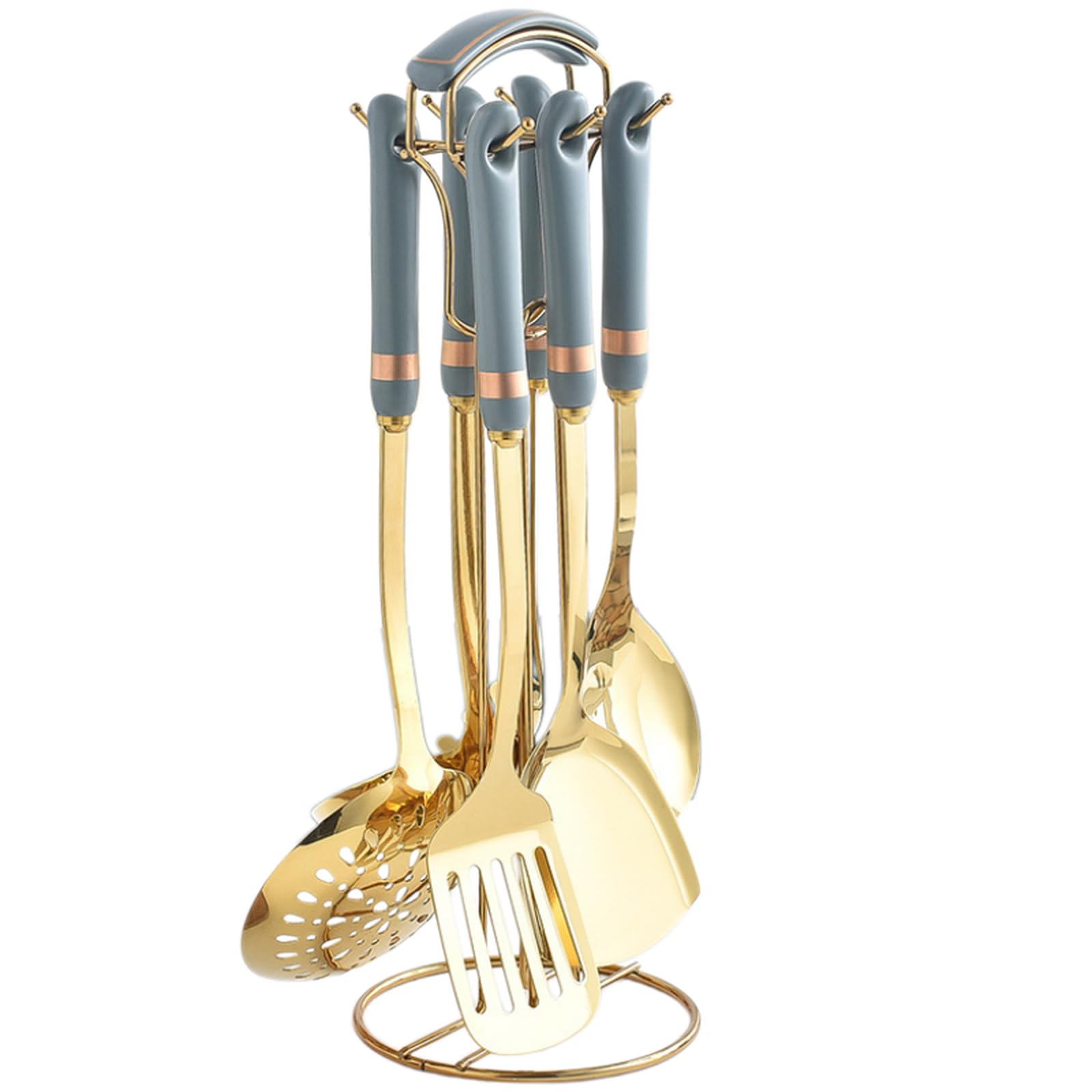 7-teiliges Küchenhelfer-Set aus Edelstahl mit Keramikgriffen – Luxuriöses, hitzebeständiges Suppenkelle-, Schaumlöffel- und Pfannenwender-Set, Smaragdgrün