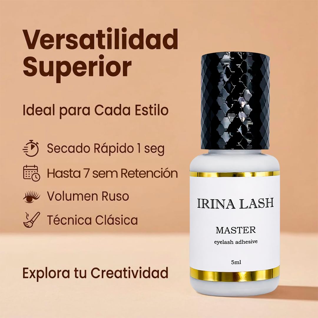 Pegamento Pestañas pelo a pelo Volumen Master, Registro Sanitario, Secado Rápido 1 seg, 7 sem retención, 5 ml negro para Extensiones - Irina Lash